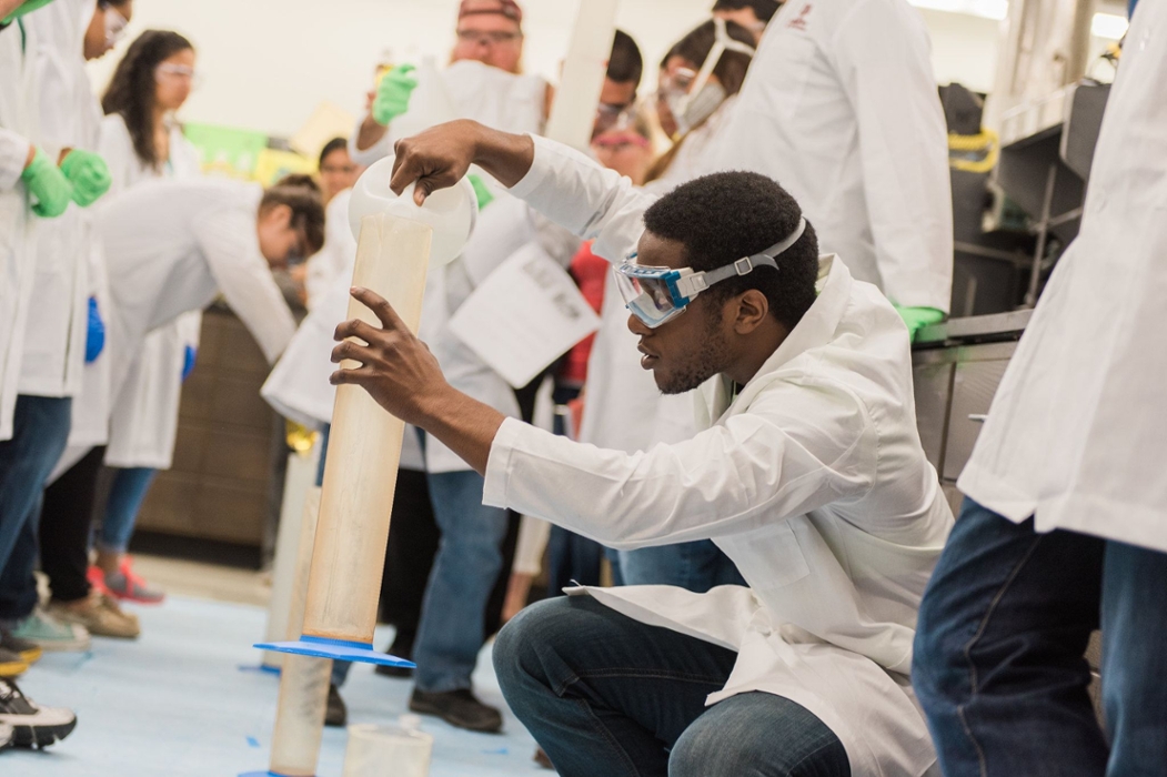 Jerron Estwick (Southern Adventist University) carefully assembles all the elements for elephant toothpaste.