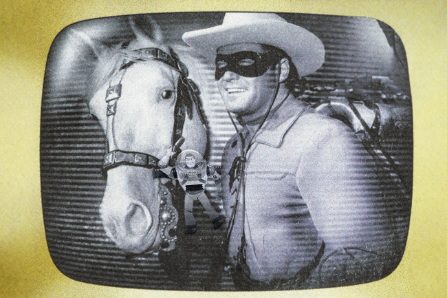 Classic television image of The Lone Ranger in a white hat, mask, and outfit with Silver, the horse, on a vintage style screen.