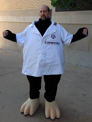 Texas A&M chemist Simon North in the Chemistry mole suit, minus the head piece and hands