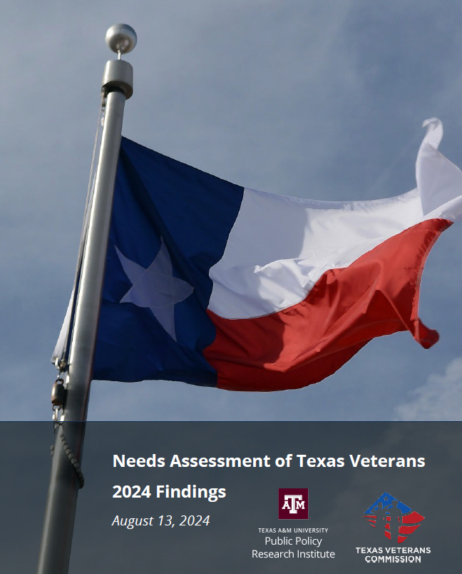 Cover page of the 2024 Texas Veterans Needs Assessment Report, as prepared by the Public Policy Research Institute at Texas A&M University, featuring the State of Texas flag and logos for the PPRI and Texas Veterans Commission
