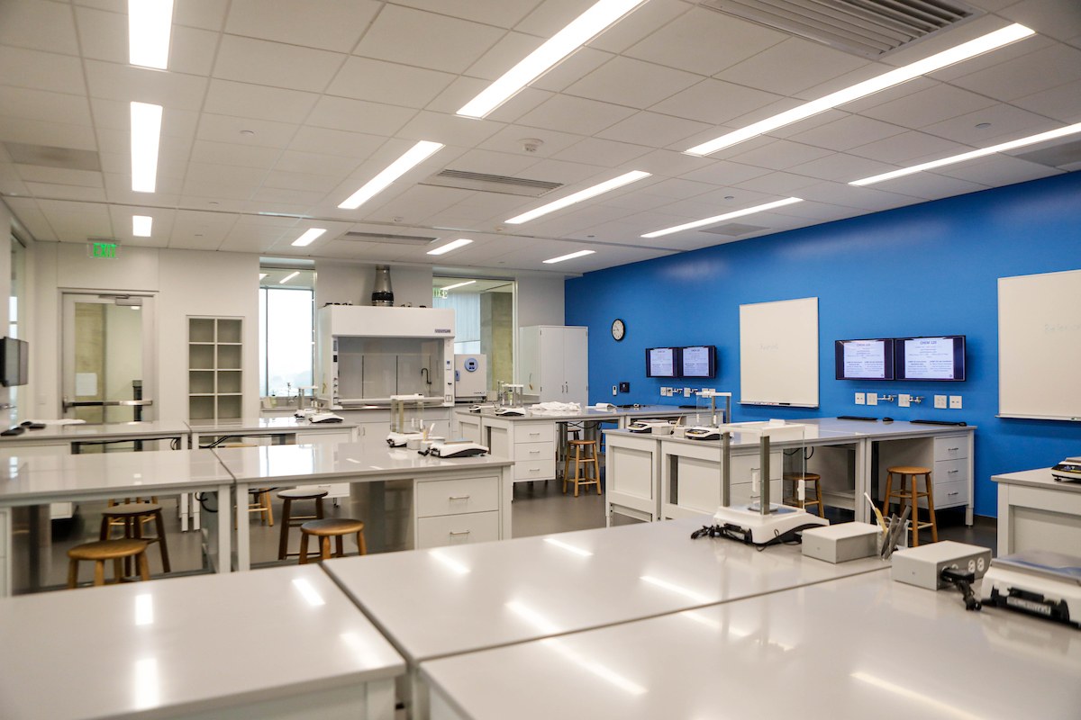 Wide view of a general chemistry laboratory within the Instructional Laboratory and Innovative Learning Building at Texas A&M University