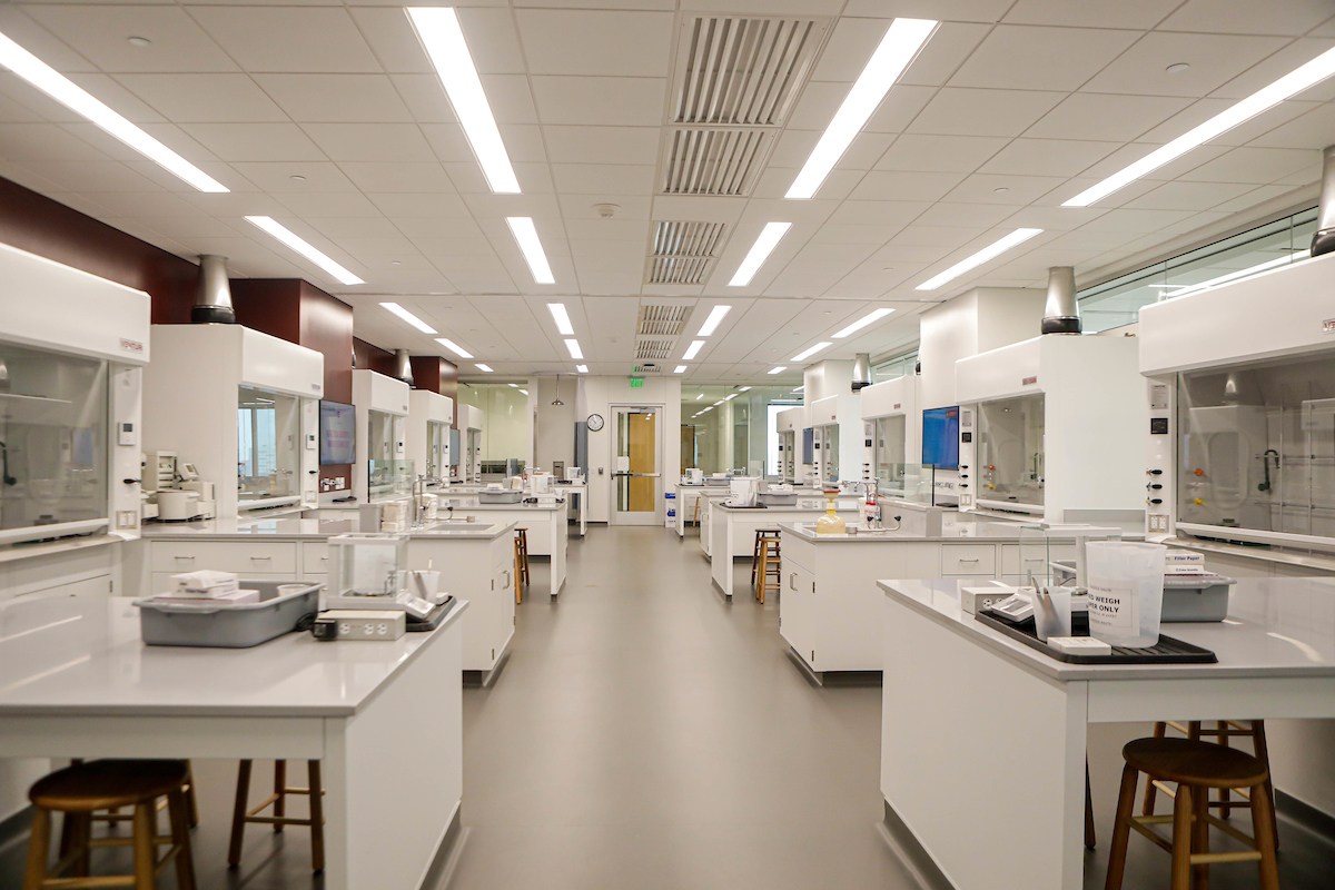 Wide view of an organic chemistry laboratory within the Instructional Laboratory and Innovative Learning Building at Texas A&M University