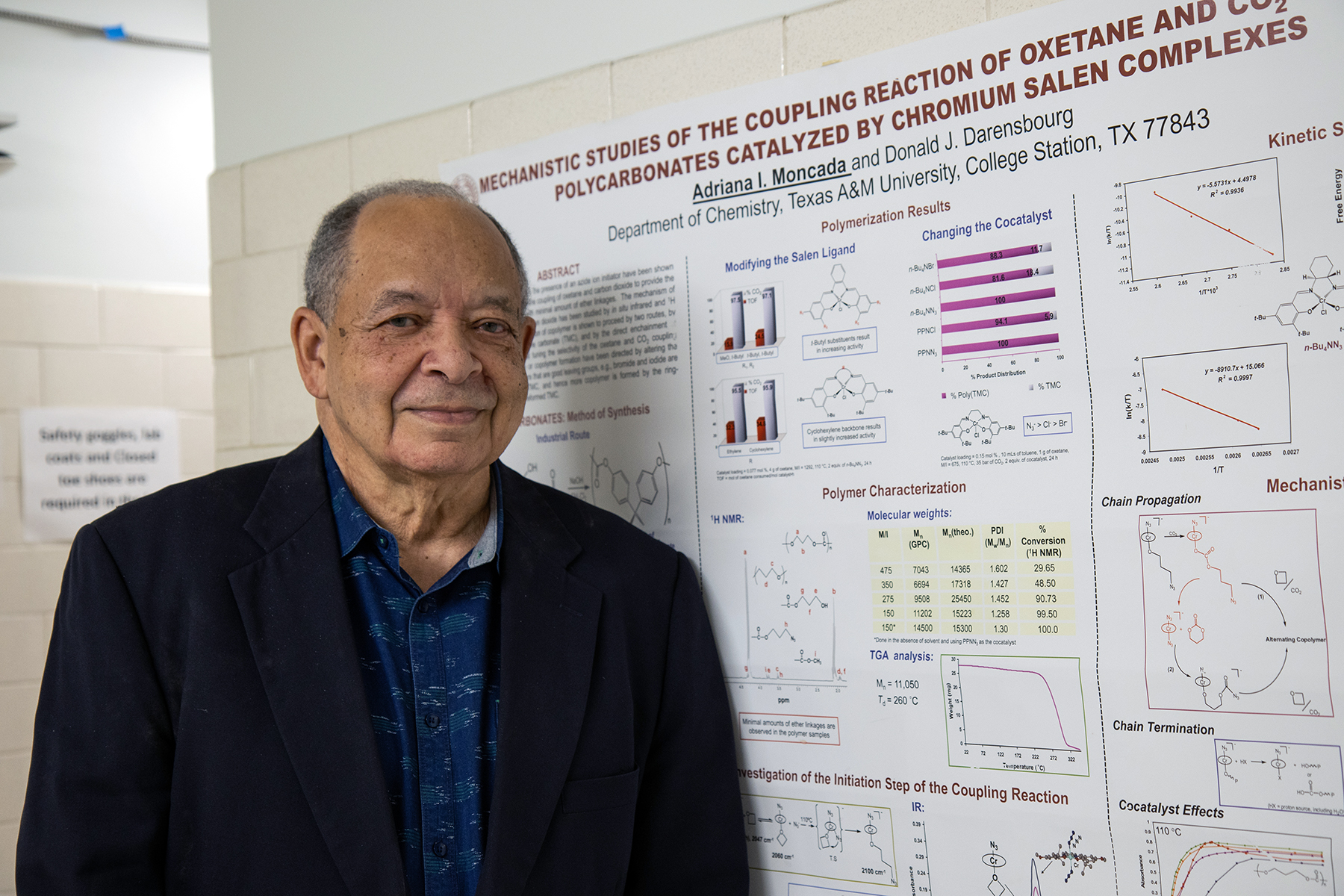 Texas A&M chemist Donald Darensbourg stands by one of his research posters within the Texas A&M Chemistry Building