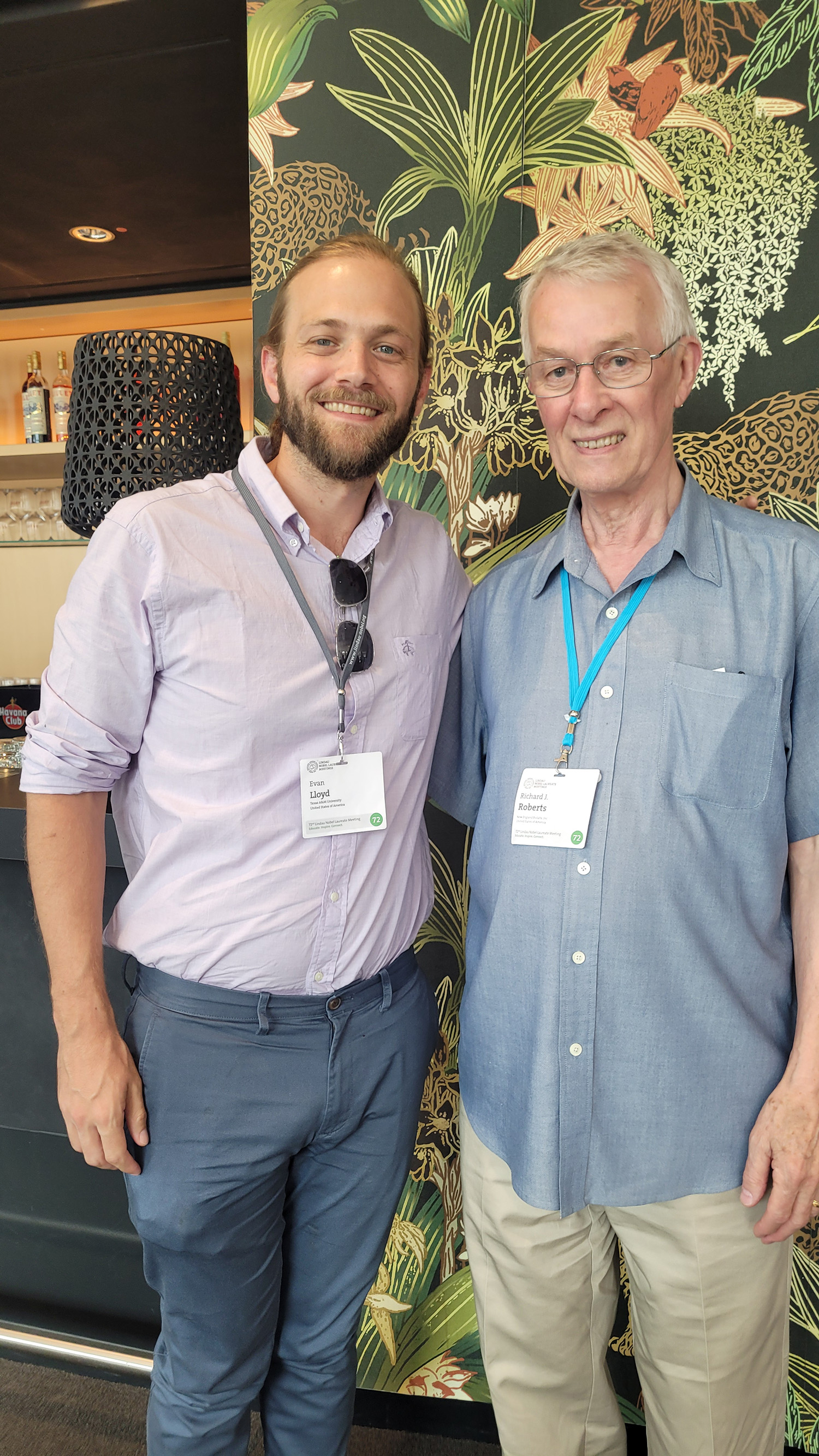 Texas A&M University biology graduate student Evan Lloyd with British biochemist and Nobel Laureate Dr. Richard J. Roberts in Lindau, Germany.