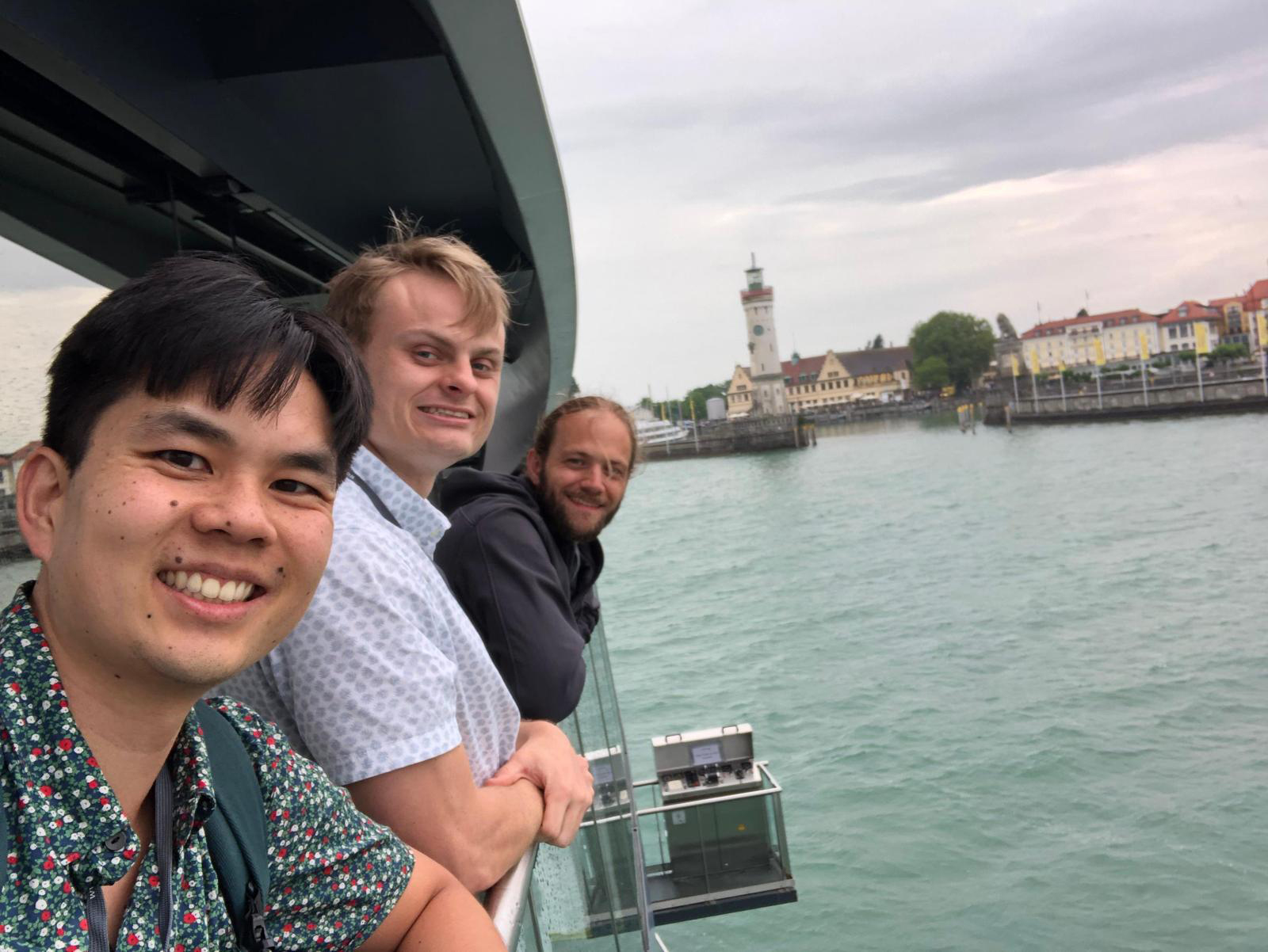 Texas A&M University graduate students Alexander Lu, Alan Hodges and Evan Lloyd on the boat trip to Mainau Island