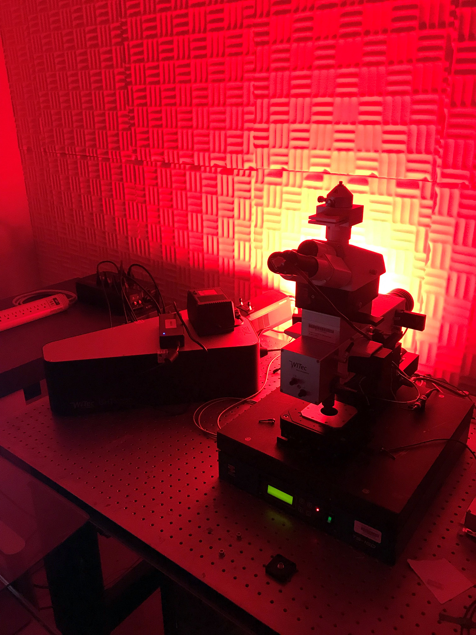 A confocal Raman/atomic force microscope used for studying mechanically induced reactions, pictured within the Batteas Laboratory at Texas A&M University