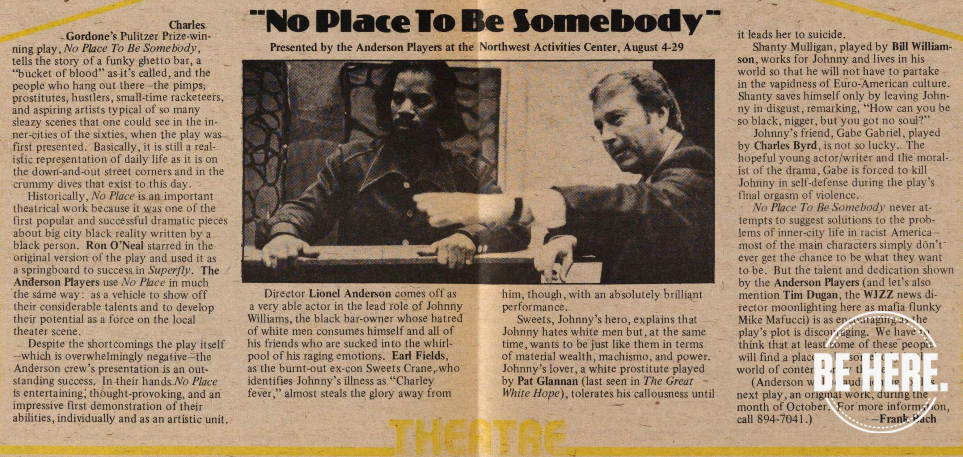 A playbill for Charles Gordone's play, "No Place To Be Somebody," in a 1976 issue of the "Ann Arbor Daily Sun."