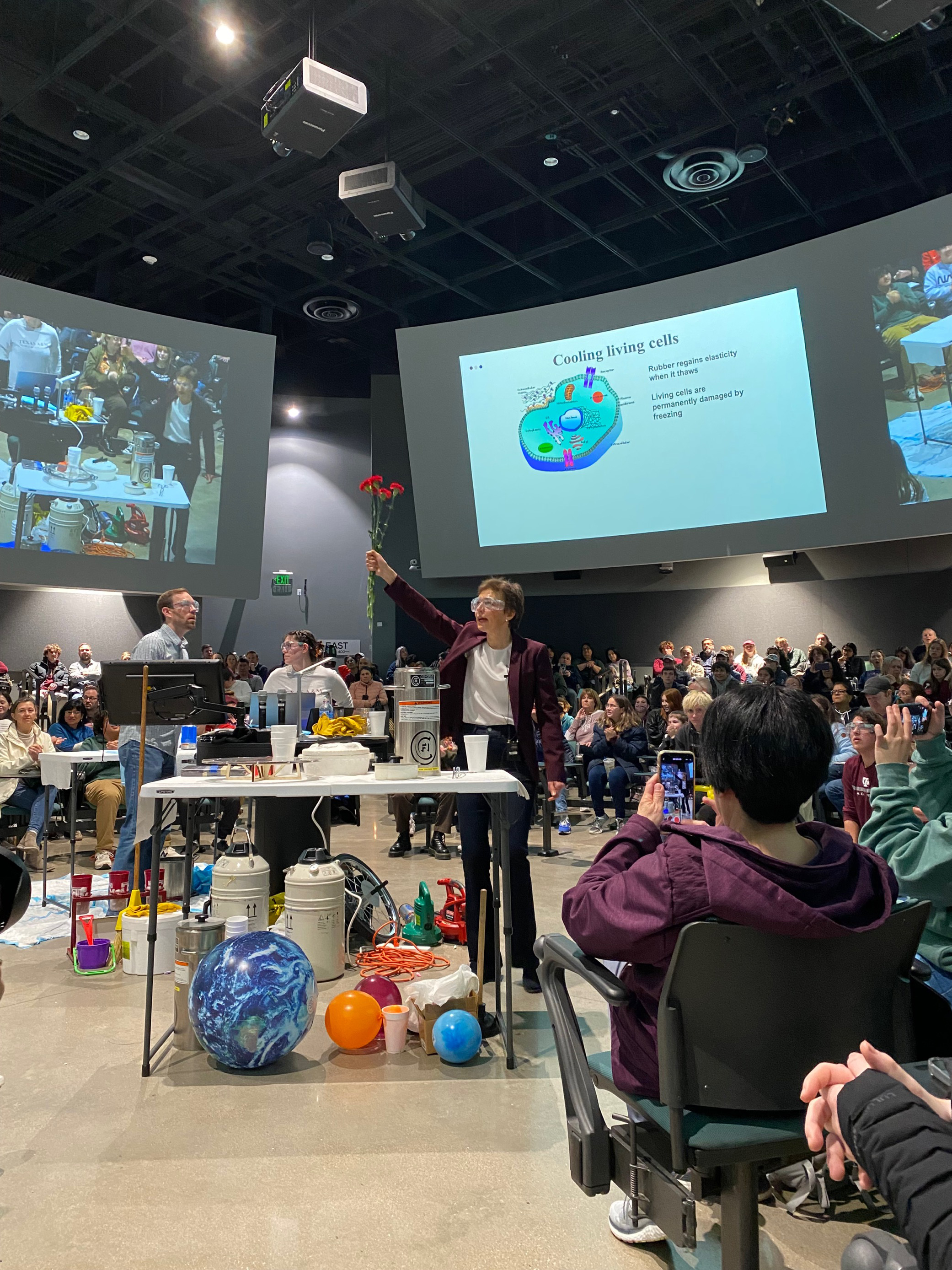 Texas A&M physicist Tatiana Erukhimova presents on physics teaching to a crowd at Aggieland Saturday in spring 2023