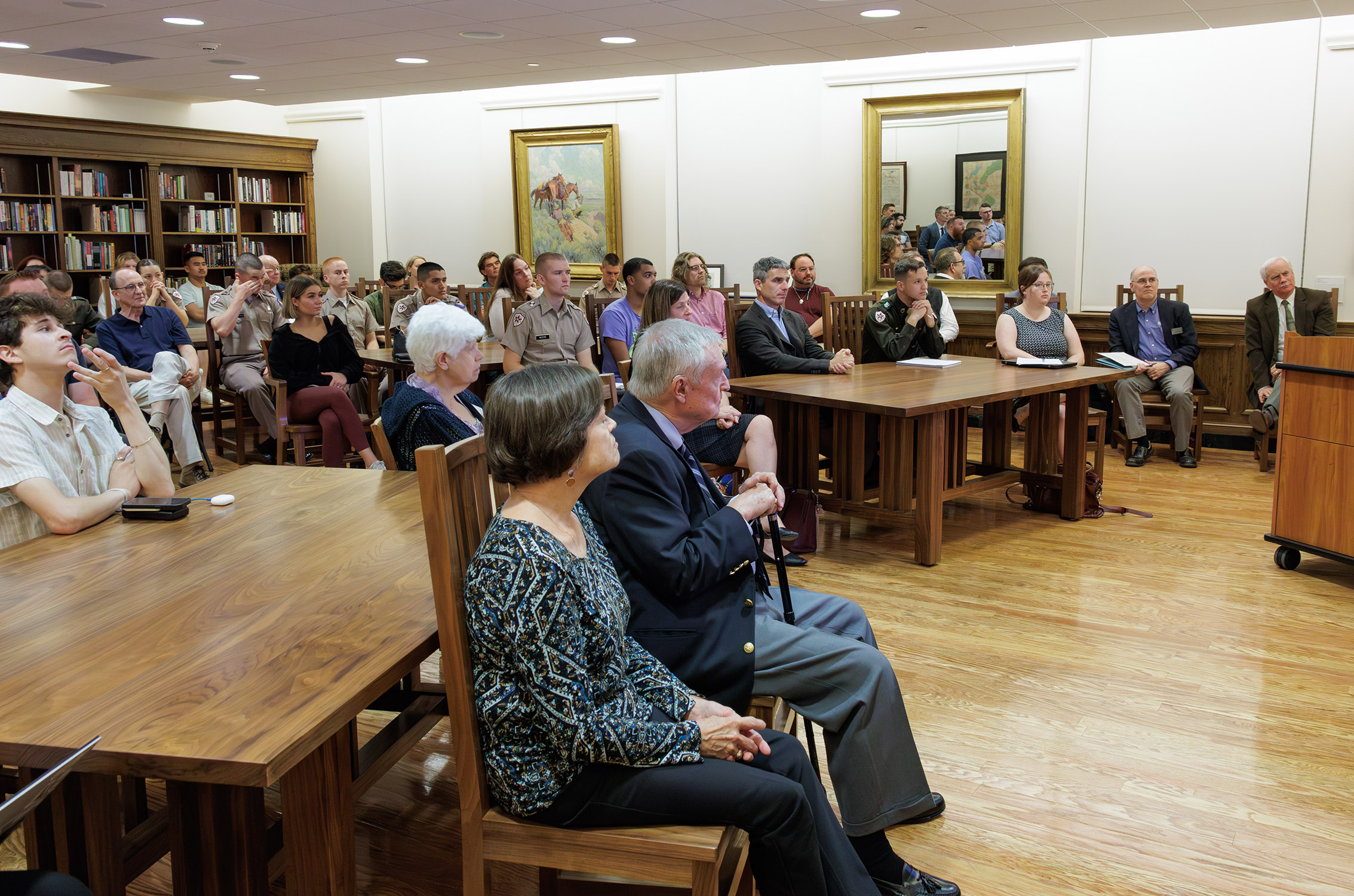 Wide angle of the crowd assembled for the Nov. 9, 2023 Never Forgotten: Conflict Archaeology and Military History at Texas A&M Symposium event where junior history major Jackson Baker presented