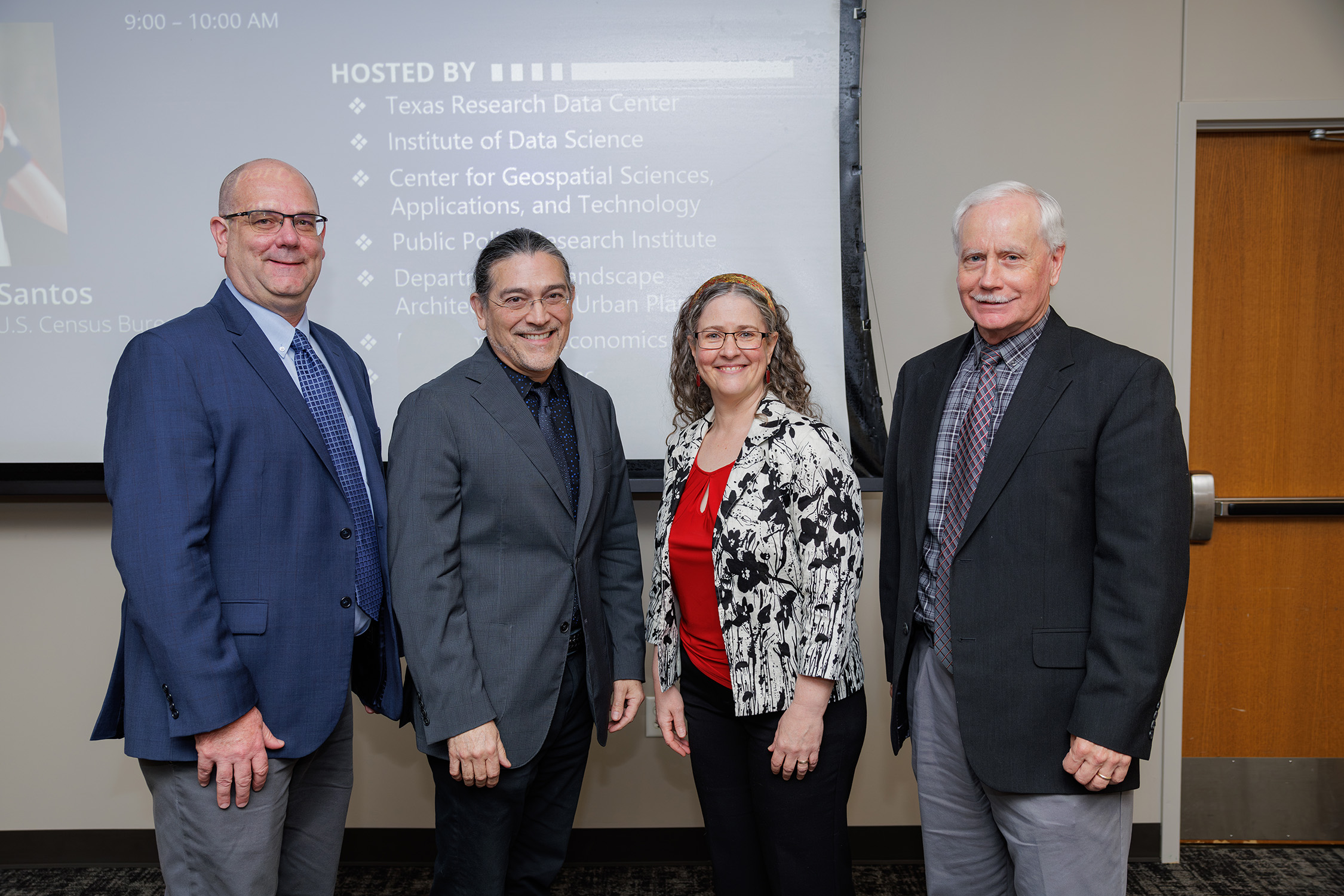 Group image of Texas A&M University geography professor E. Brendan Roark, U.S. Census Bureau Director Robert Santos, Texas A&M University sociology professor Mary Campbell and Texas A&M University biology professor and Dean of the College of Arts and Sciences Mark Zoran