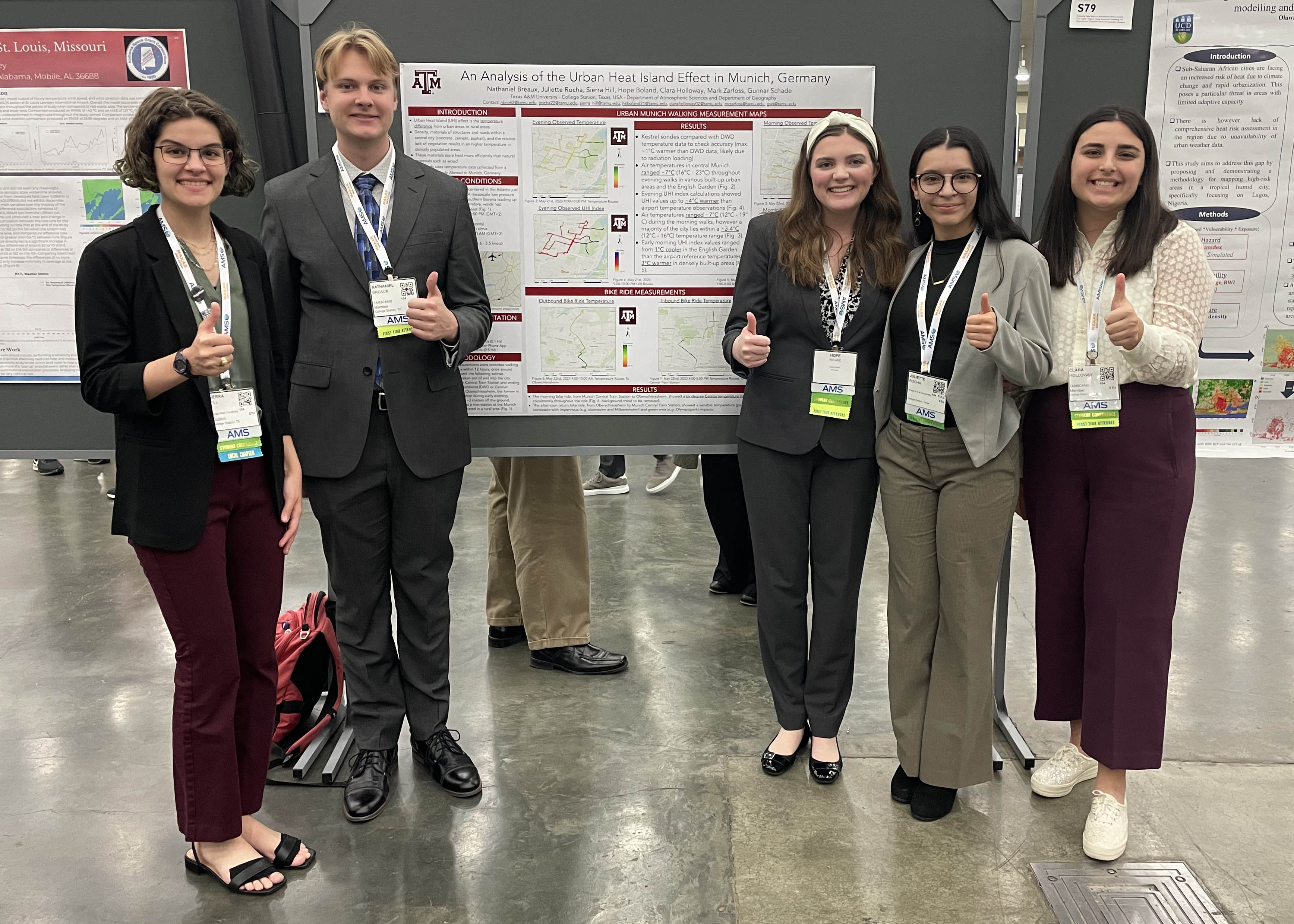 Group photo of Texas A&M University undergraduate meteorology students and their award-winning poster at the 23rd Annual Student Conference for the American Meteorology Society