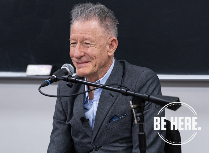 1979 Texas A&M University graduate Lyle Lovett smiles while speaking to a class at Texas A&M on Feb. 12, 2024