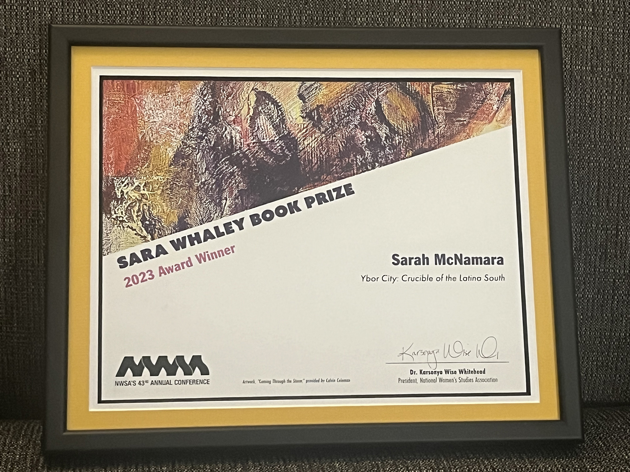 Image of Texas A&M University history professor Sarah McNamara's certificate acknowledging her 2023 Sara A. Whaley Book Prize from the National Women’s Studies Association in recognition of her book, "Ybor City: Crucible of the Latina South"