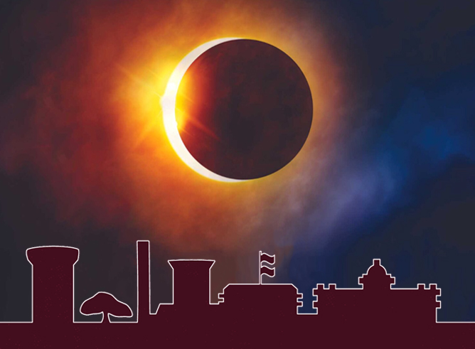 Composite image of a total solar eclipse positioned over a line art drawing depicting some of the primary buildings that appear in the skyline of the Texas A&M University campus