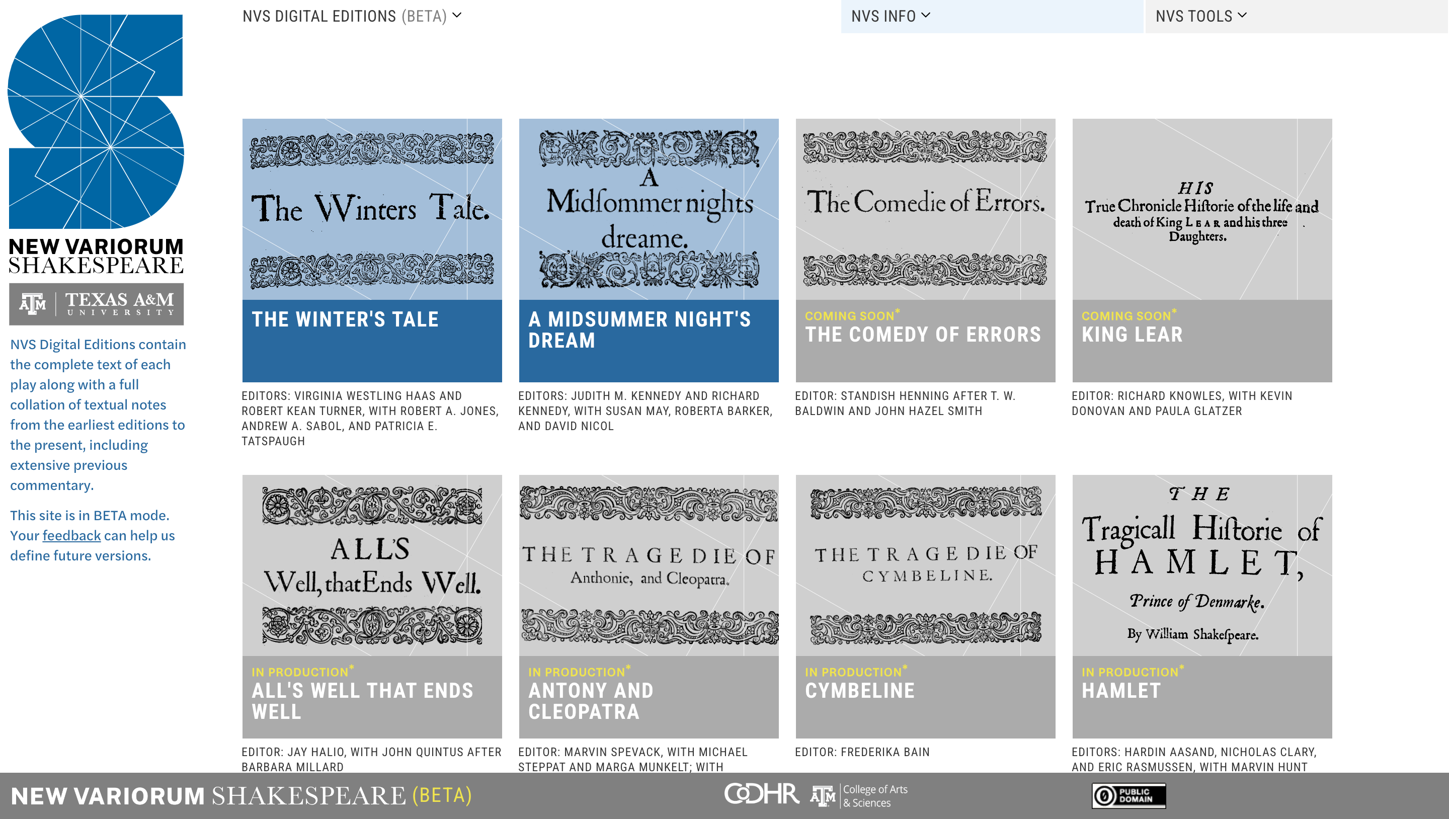 Screen shot of the New Variorum Shakespeare website housed at Texas A&M University