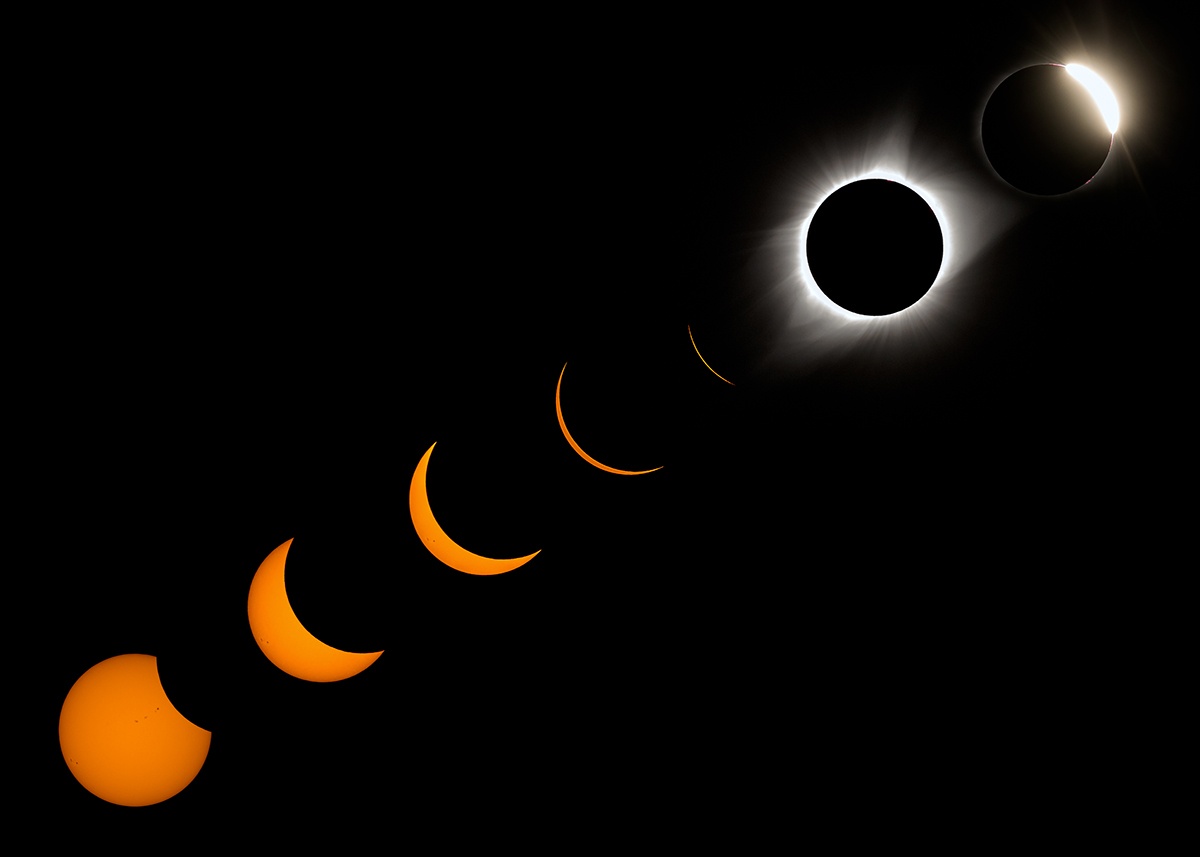 A photo collage shows various stages of the 2017 total solar eclipse as it enters and exits totality