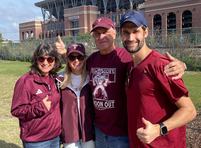 The Stone family (from left, Susan '84, Megan '12, Tommy and Zachary '15), pictured at Kyle Field on the Texas A&M University campus