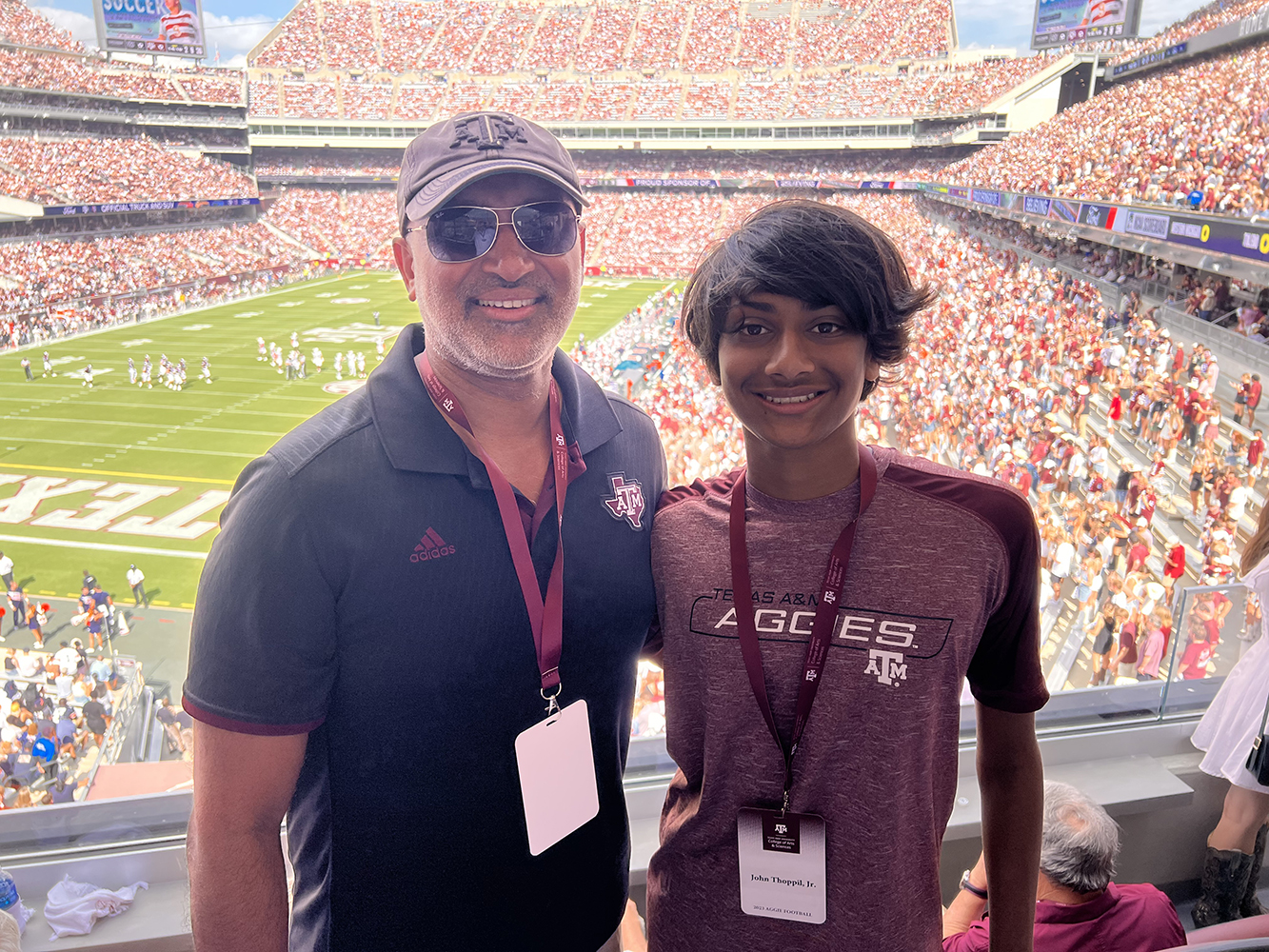Dr. Thoppil and his son at the Texas A&M vs. Auburn football game on September 23, 2023.