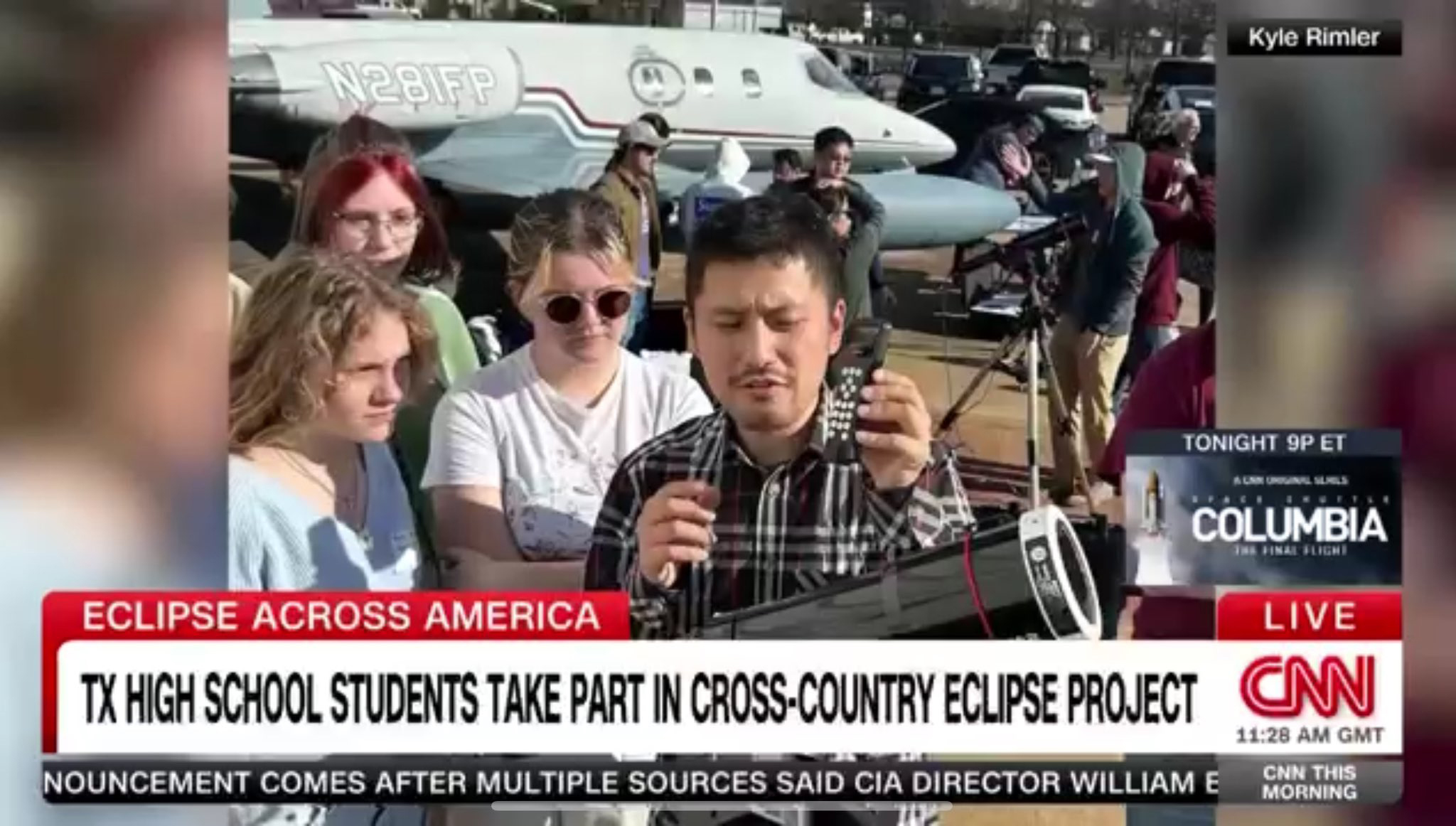 Screen shot of a CNN news segment on the Citizen CATE 2024 effort to document the April 8, 2024, total solar eclipse featuring Texas A&M University atmospheric scientist Yue Zhang