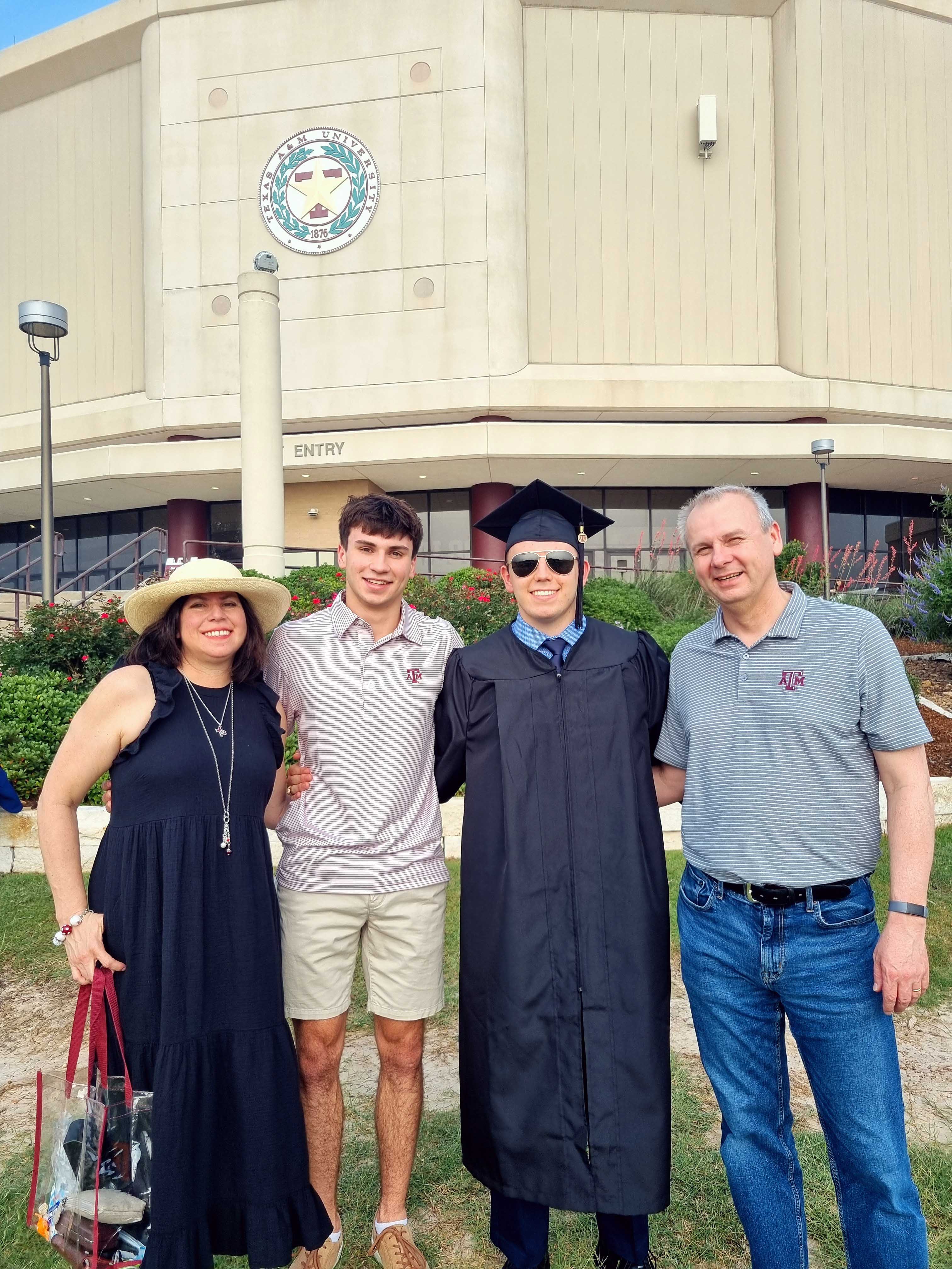The Maaskant family poses outside Reed Arena on the Texas A&M University campus in May 2024 following graduation ceremonies at which Dario Maaskant received his bachelor's degree in business management
