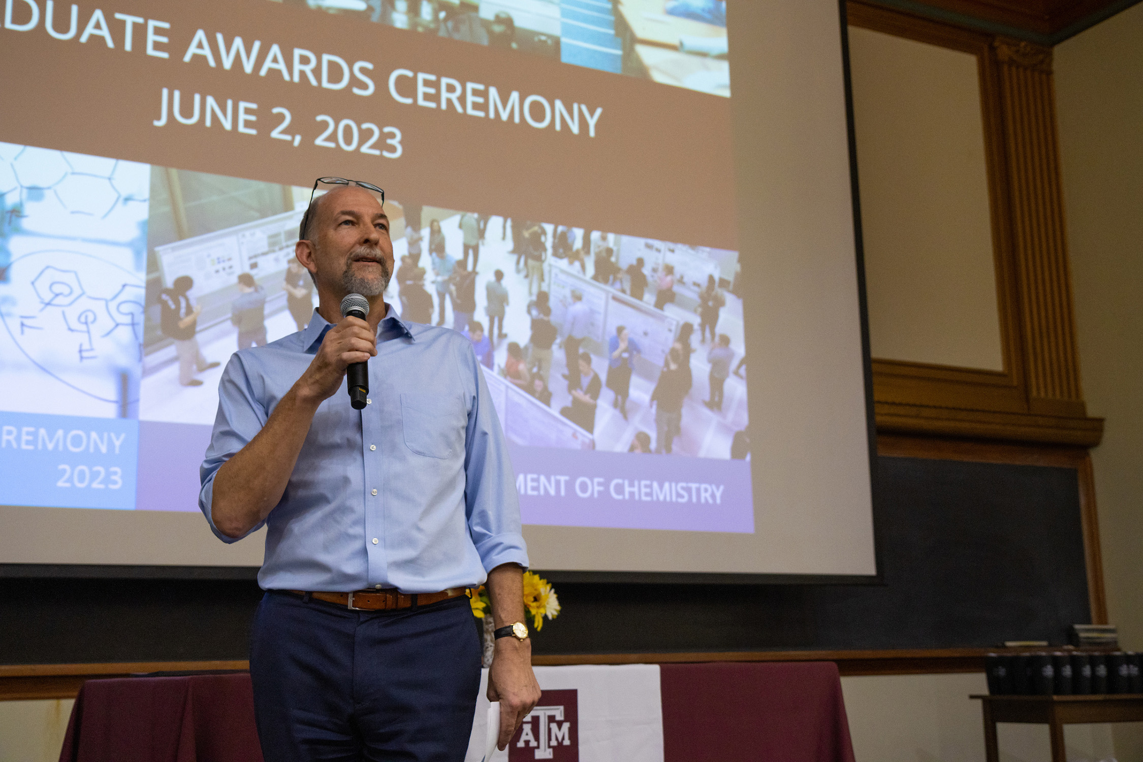 Texas A&M University chemist Simon North delivers opening remarks at the 2023 Graduate Awards Symposium in Martell Hall on the Texas A&M campus
