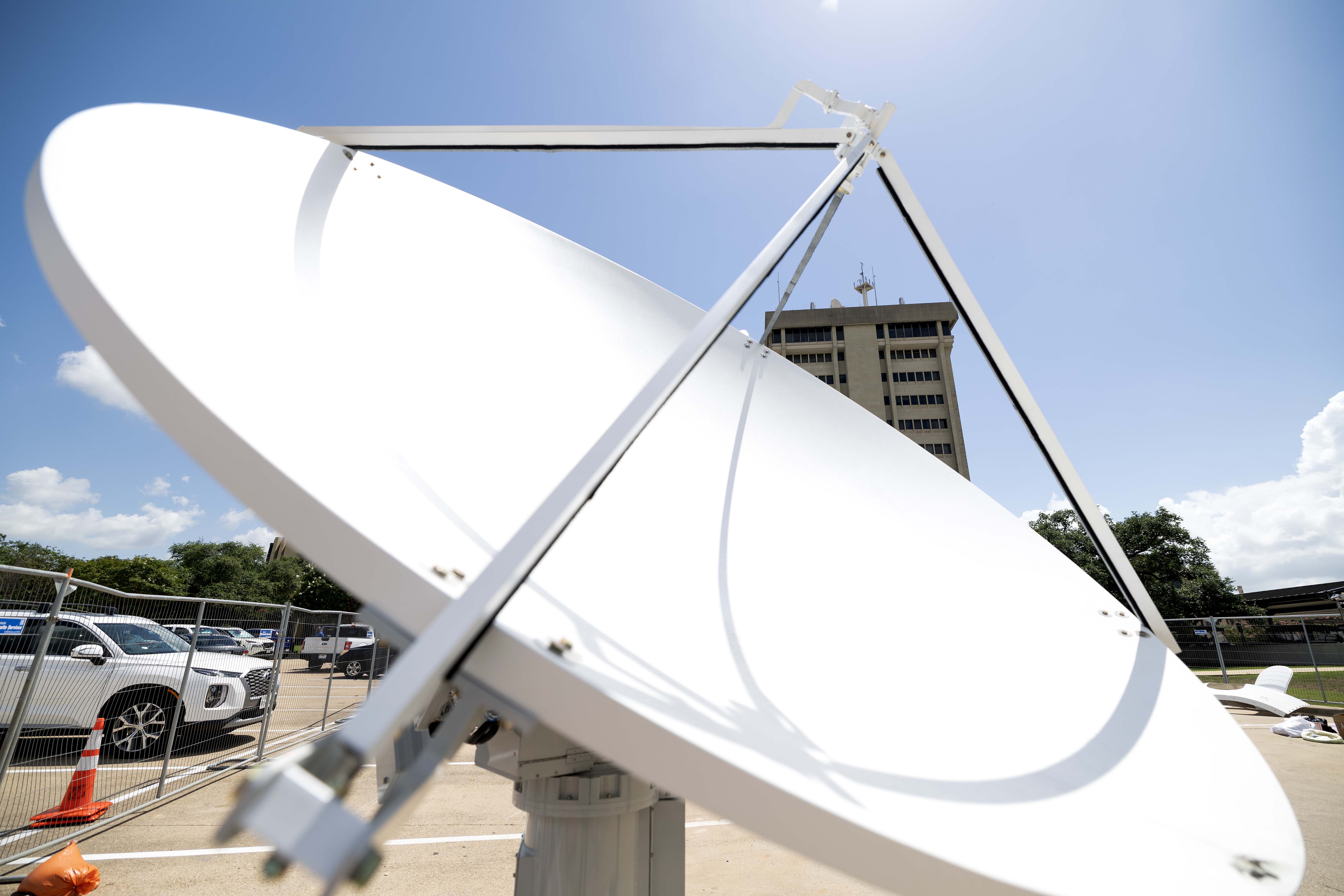 The new Climavision X-band radar, awaiting installation outside the Eller Oceanography and Meteorology Building on the Texas A&M University campus on June 20, 2024