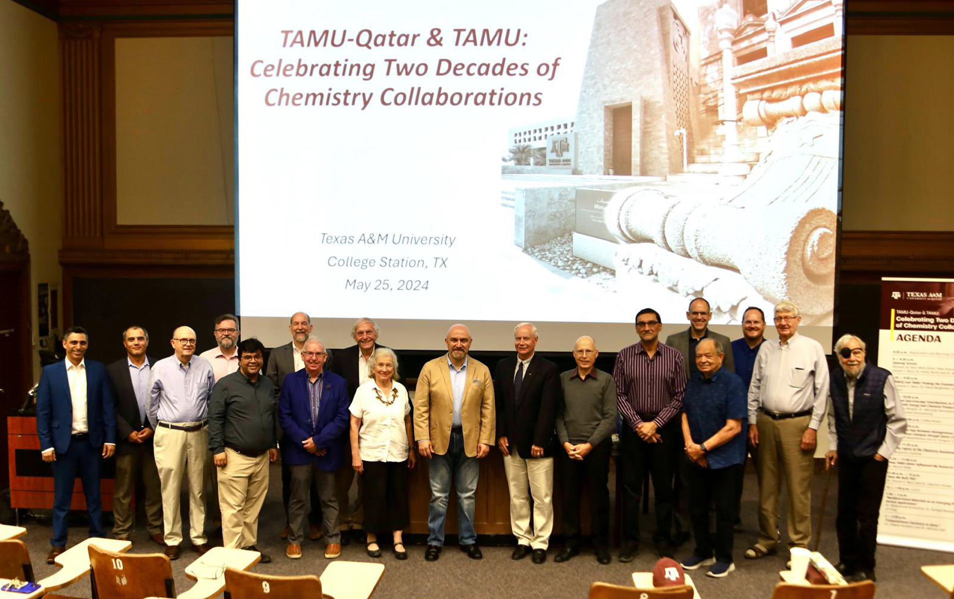 Group photograph of chemistry faculty and administrators from Texas A&M University and Texas A&M University at Qatar taken in Martell Lecture Hall on the Texas A&M University campus on May 25, 2024