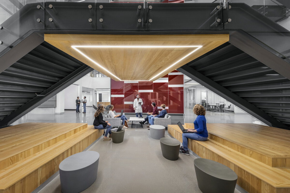 Texas A&M University chemist Ed Lee leads an informal study session in the first-floor lobby and seating area of the Instructional Laboratory & Innovative Learning Building at Texas A&M University