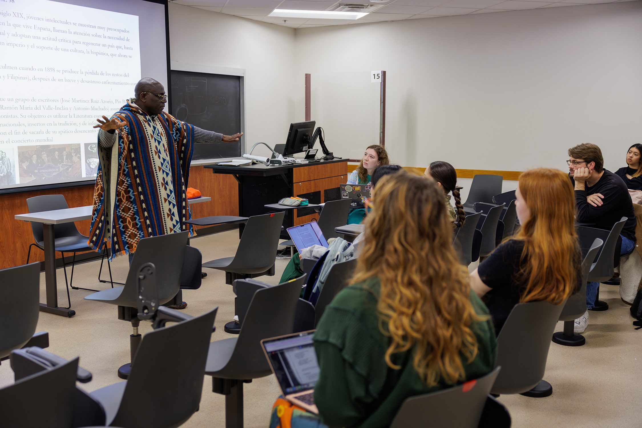 Texas A&M University global languages and cultures professor Alain Lawo-Sukam teaching an undergraduate class at Texas A&M