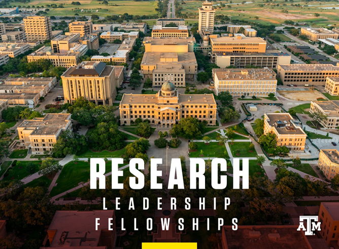 Graphic promoting Texas A&M University Research Leadership Fellowships featuring an aerial image of the Texas A&M campus and the text "Research Leadership Fellowships" and Texas A&M logo in white