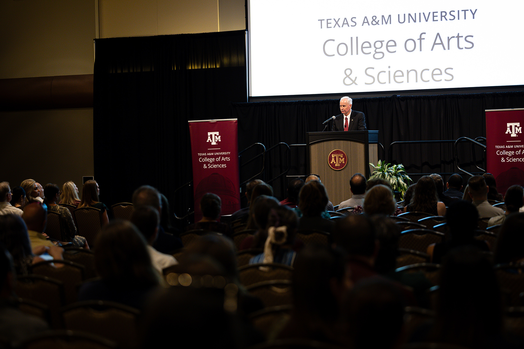 Dr. Mark J. Zoran, dean of the College of Arts and Sciences at Texas A&M University, delivers a State of the College address on September 24, 2024, in the Memorial Student Center's Bethancourt Ballroom