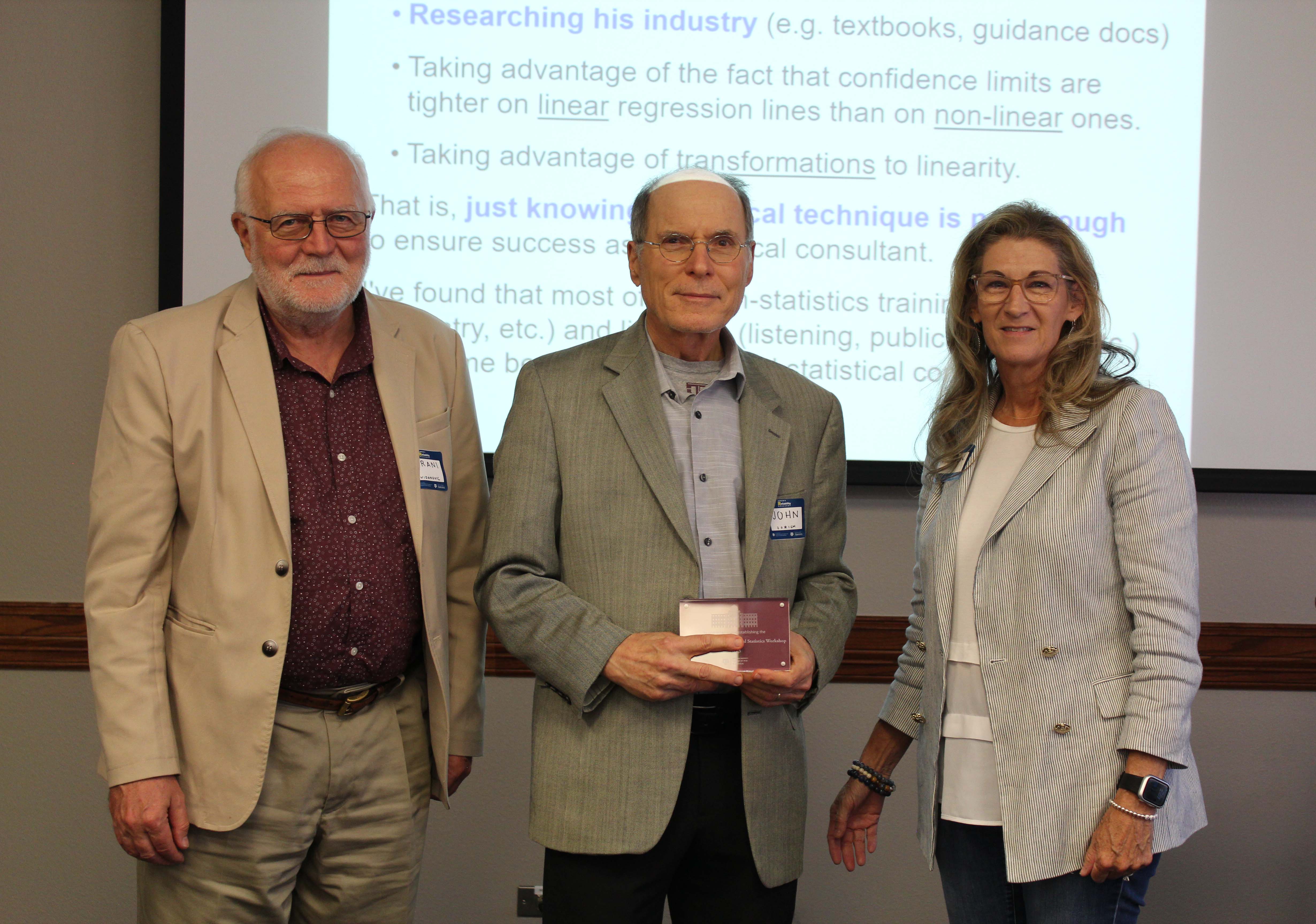 Texas A&M University statistician Brani Vidakovic, Houston-based statistician John Zorich and Senior Development Officer Karen Cochran, pictured at the 2024 Zorich's Reliability Workshop, held September 27 on the Texas A&M campus