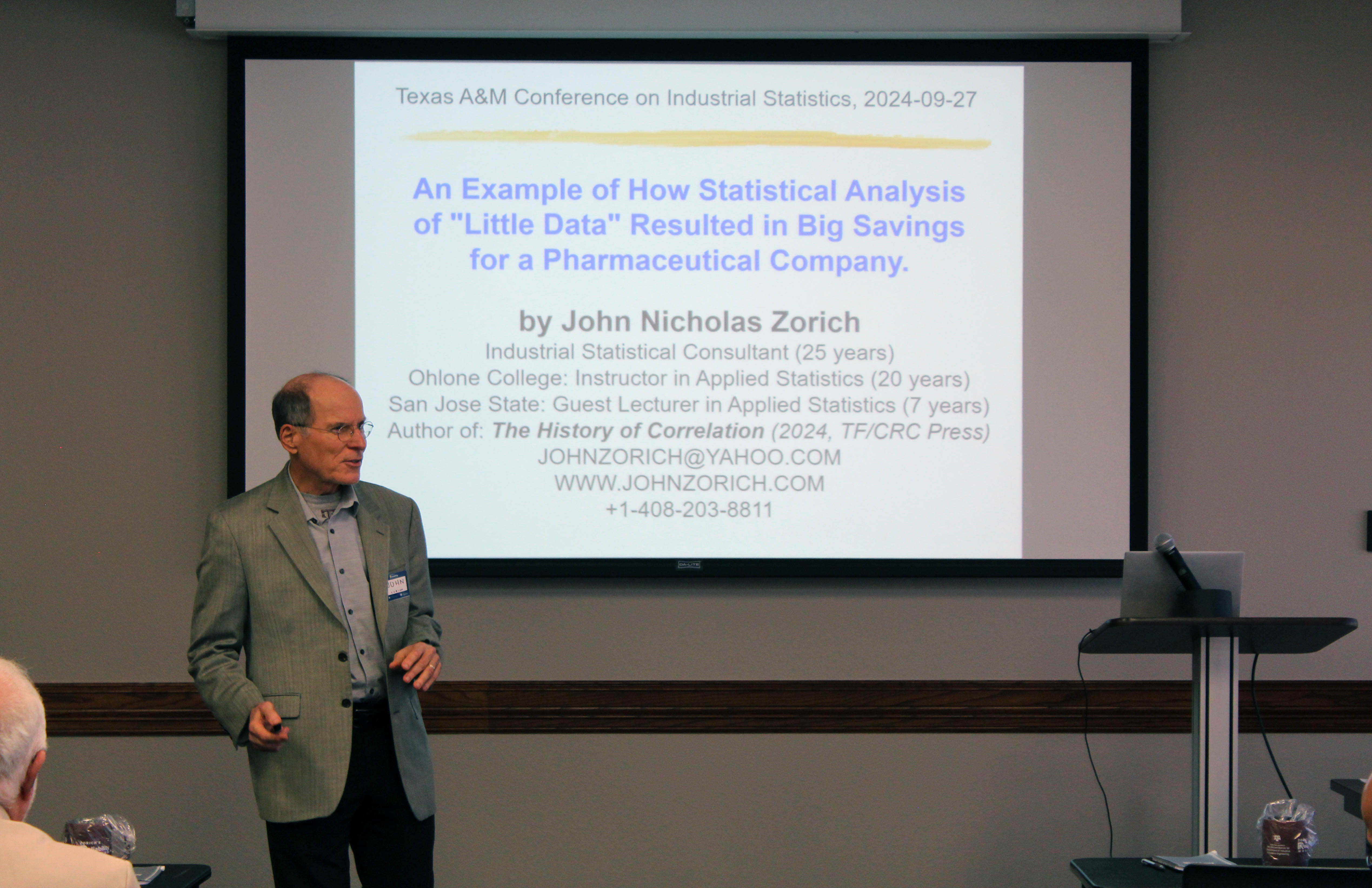 Houston-based statistician John Zorich, presenting at the 2024 Zorich's Reliability Workshop, held September 27, 2024, on the Texas A&M University campus