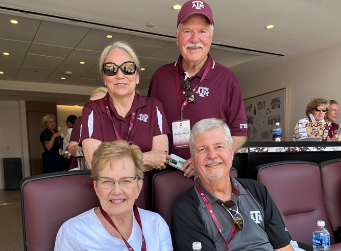(Seated, l-r:) Patricia and James W. Chancellor '68 and (standing, l-r:) Dana and Jon Chancellor '71 at Kyle Field during the Texas A&M-Missouri football game on October 5, 2024