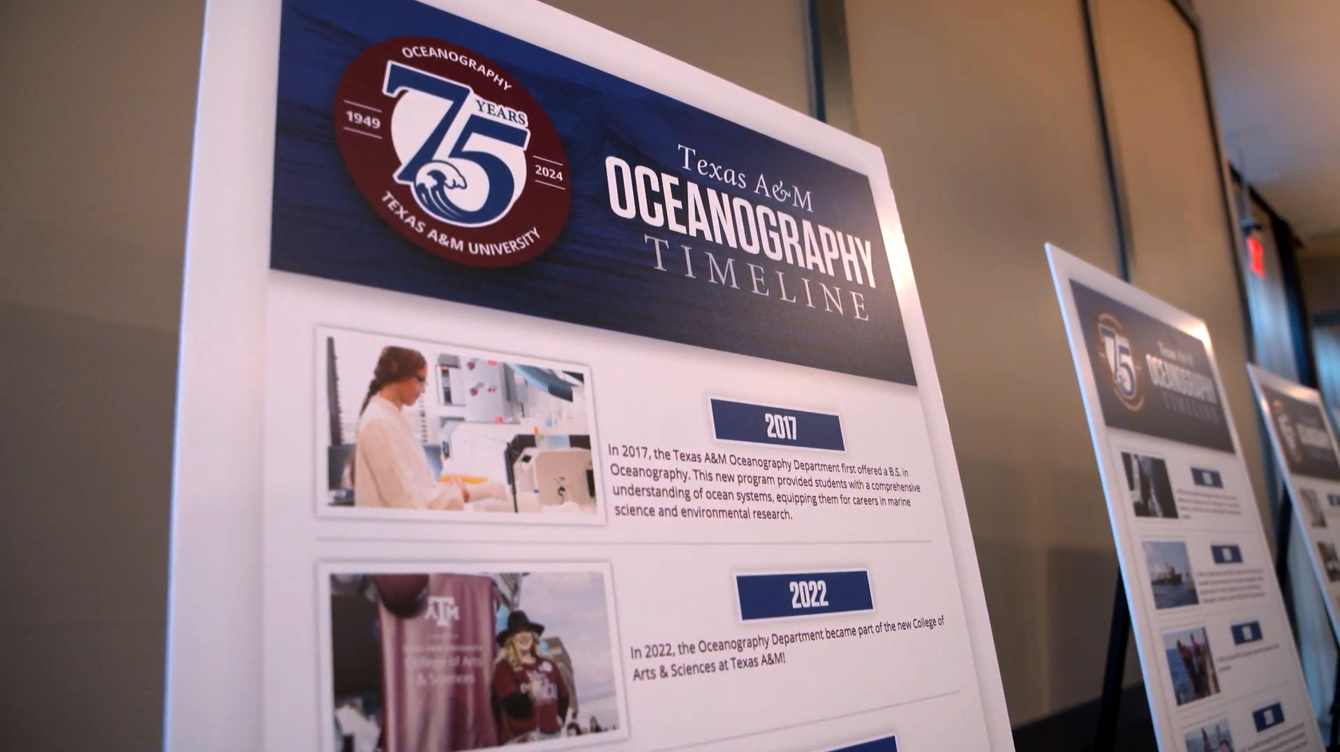 A series of foamcore-mounted posters display a timeline of significant events in the Texas A&M University Department of Oceanography's 75-year history at the Texas A&M Oceanography 75th Anniversary Gala, held Sept. 20, 2024, at The George Hotel in College Station, Texas