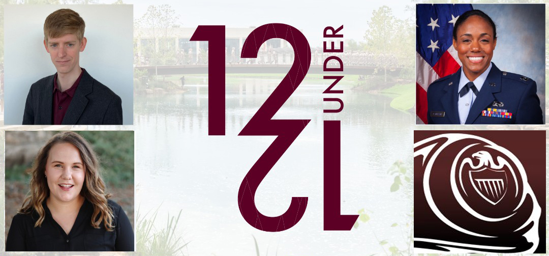 Composite graphic featuring the 12 Under 12 logo and photographs of the three 2024 recipients from the Texas A&M University College of Arts and Sciences along with The Association of Former Students logo