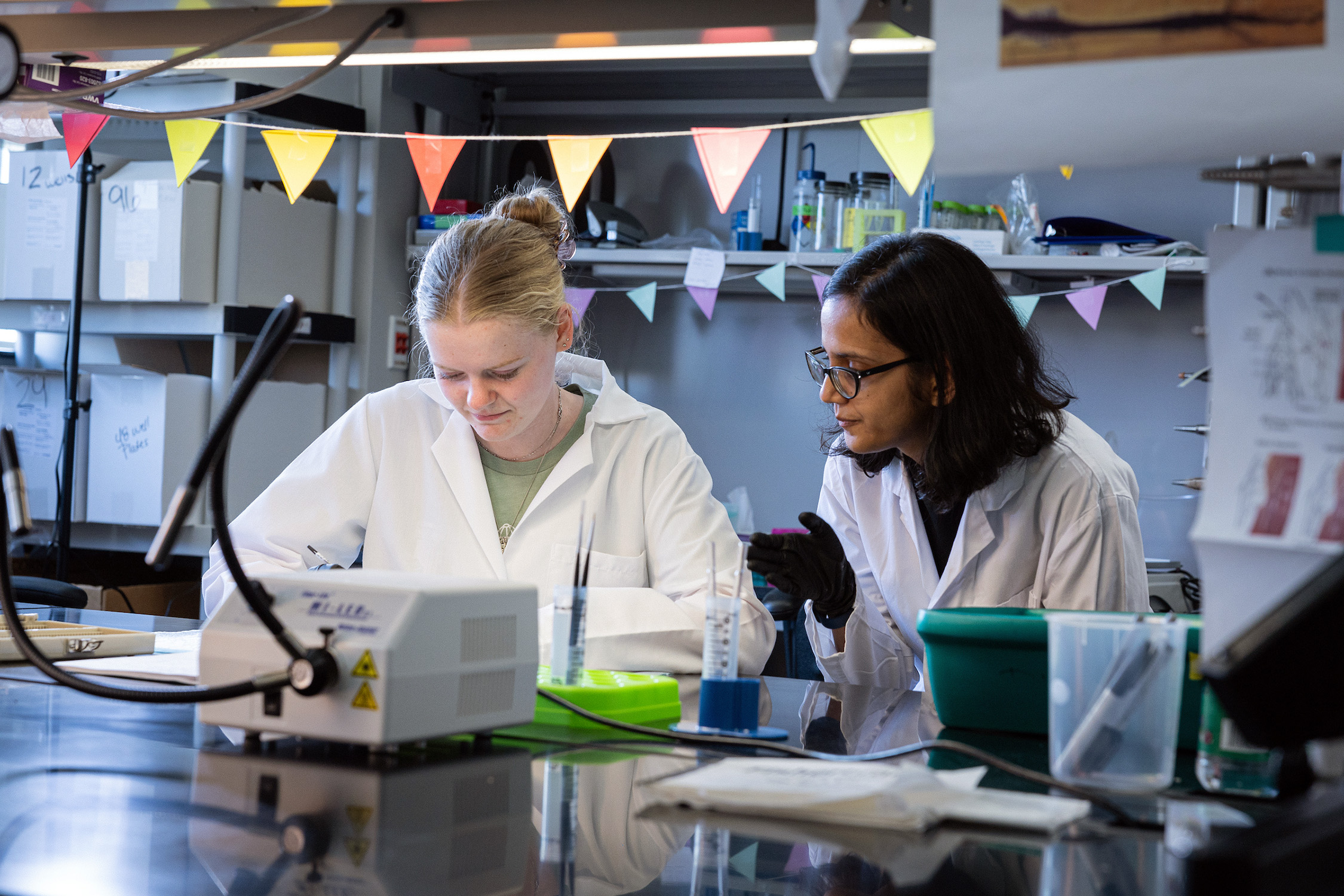 Abbi Evans and Anjali Agrawal wear white lab coats and work together at a bench within the Dulin laboratory at Texas A&M University