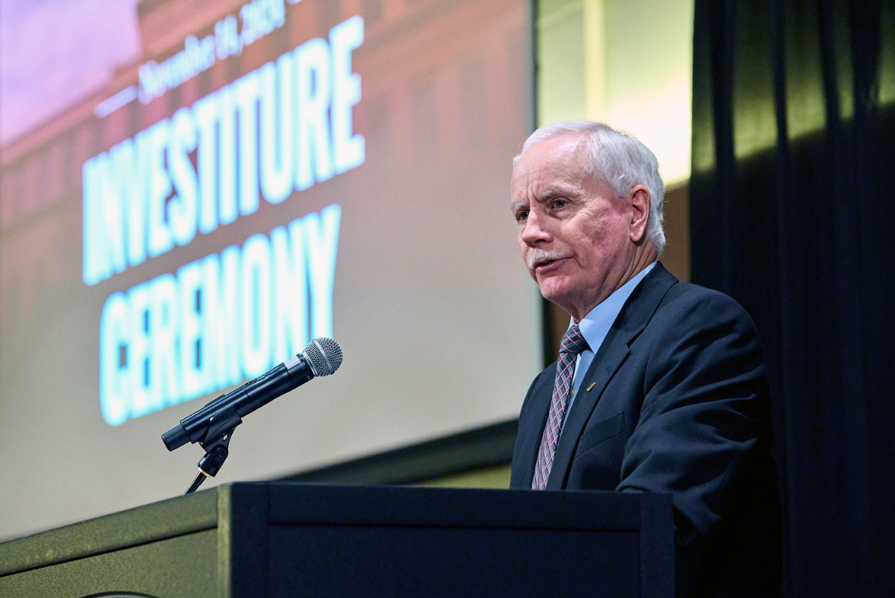 Texas A&M University College of Arts and Sciences Dean Mark Zoran delivers remarks at the college's investiture ceremony on Nov. 15, 2024