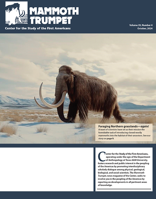 Cover of the 'Mammoth Trumpet' newsletter, Volume 33, Number 4, featuring an illustration of a woolly mammoth in a snowy landscape. Published by the Center for the Study of the First Americans at Texas A&M University.