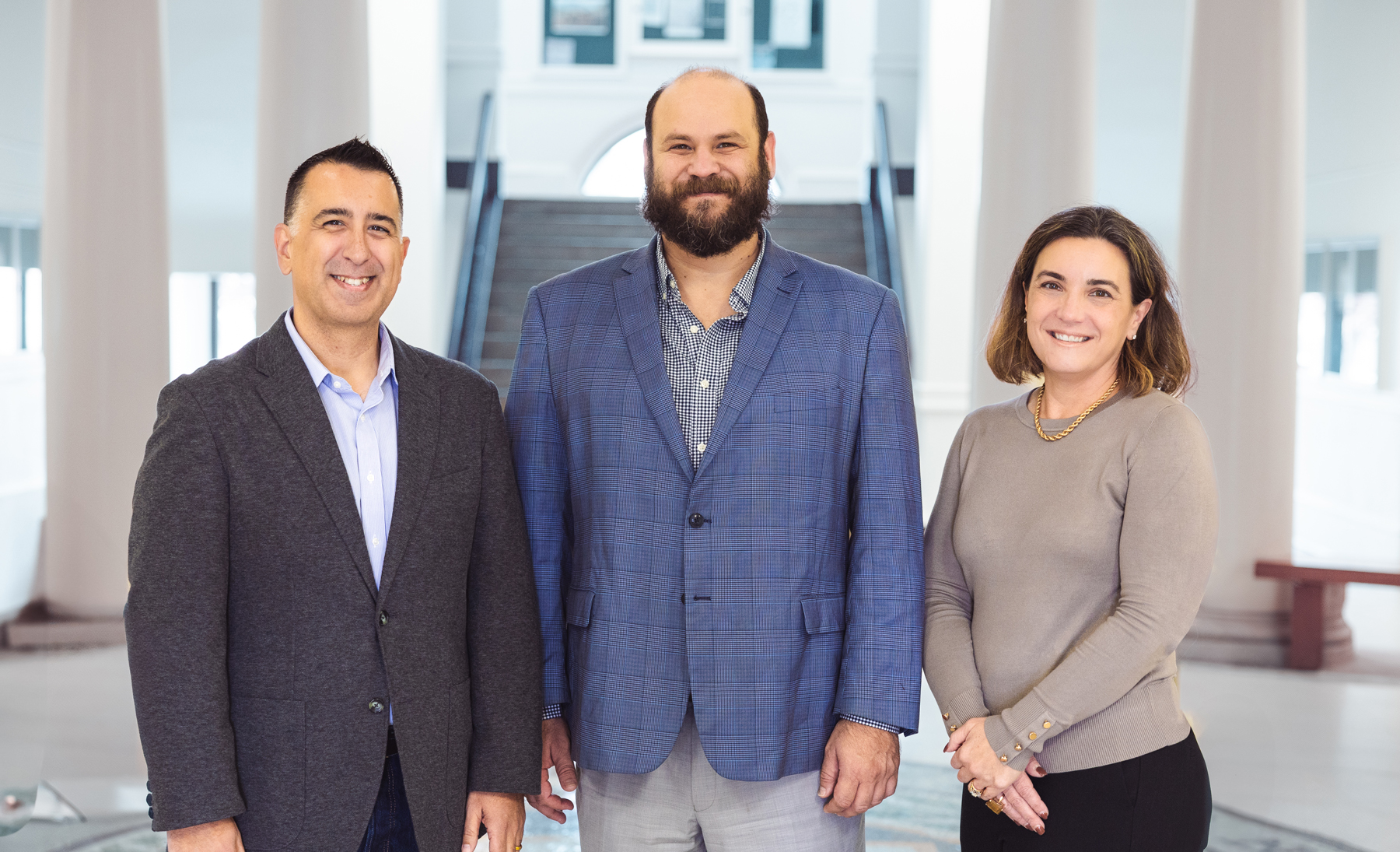 From left, Dr. Darrel Wanzer-Serrano, associate professor in the Department of Communication & Journalism and director of the Race and Ethnic Studies Institute; Dr. Omar Rivera, associate professor in the Department of Philosophy, associate dean for Faculty Initiatives, and director of Hispanic-Serving Institution Initiatives; and Dr. Wendy Jepson, a Chancellor’s EDGES Fellow and University Professor in the Department of Geography and director of Environmental Programs and Environment and Sustainability Initiatives.