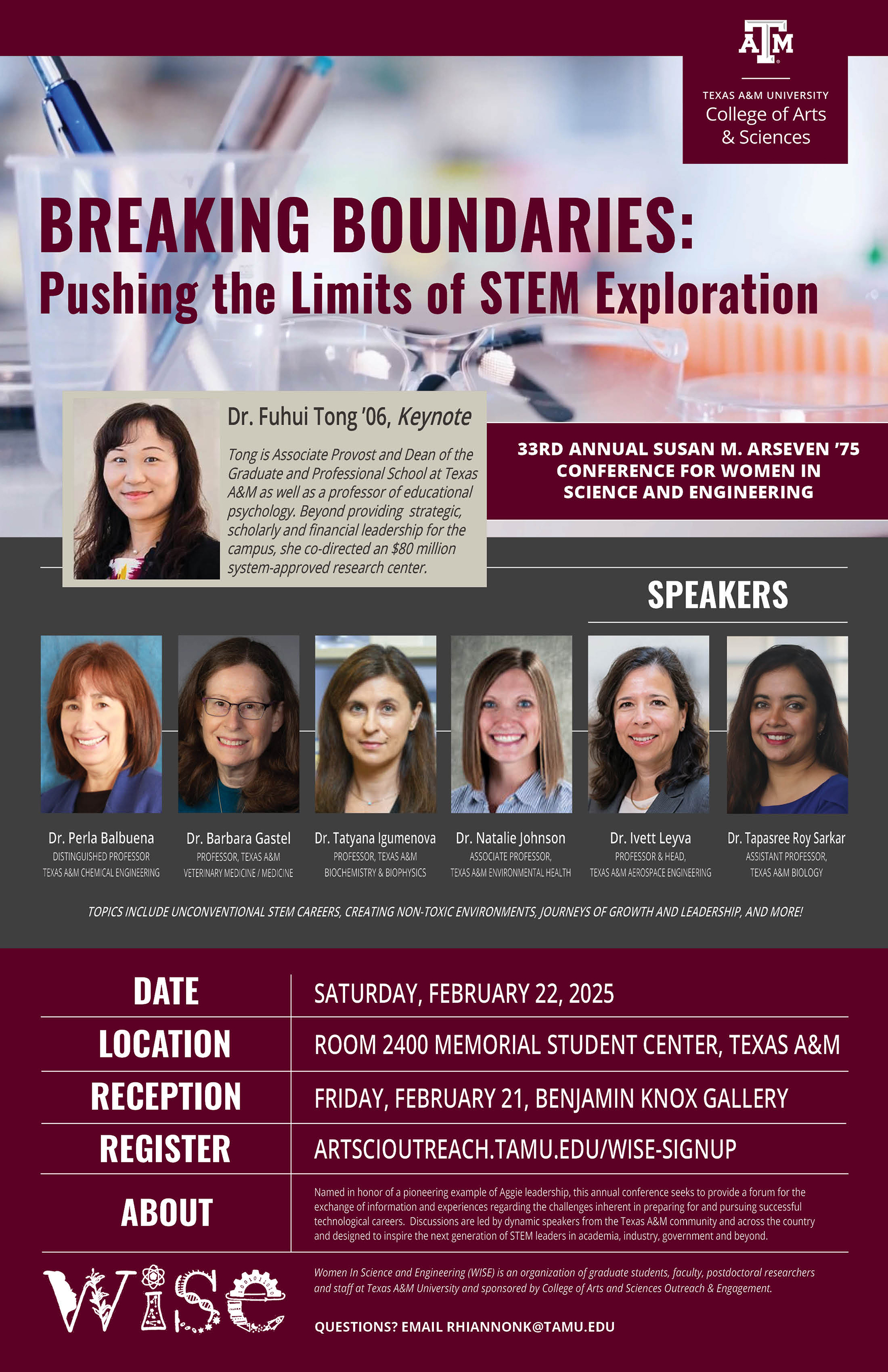 Event poster for the 33rd Annual Science and Engineering Conference at Texas A&M University featuring keynote speaker Dr. Fuhui Tong. The poster includes session details, a list of speakers with their affiliations, the conference location, date, and registration information.