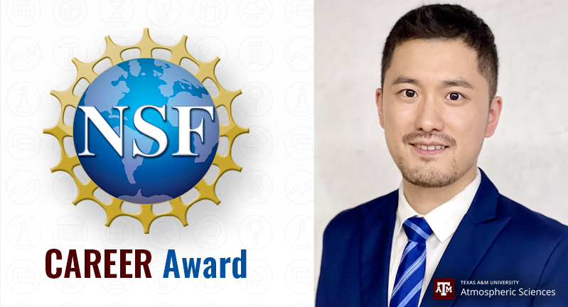 Image showing the National Science Foundation (NSF) logo alongside the text "CAREER Award", with Dr. Yue Zhang wearing a blue suit and a Texas A&M University Atmospheric Sciences logo in the corner.