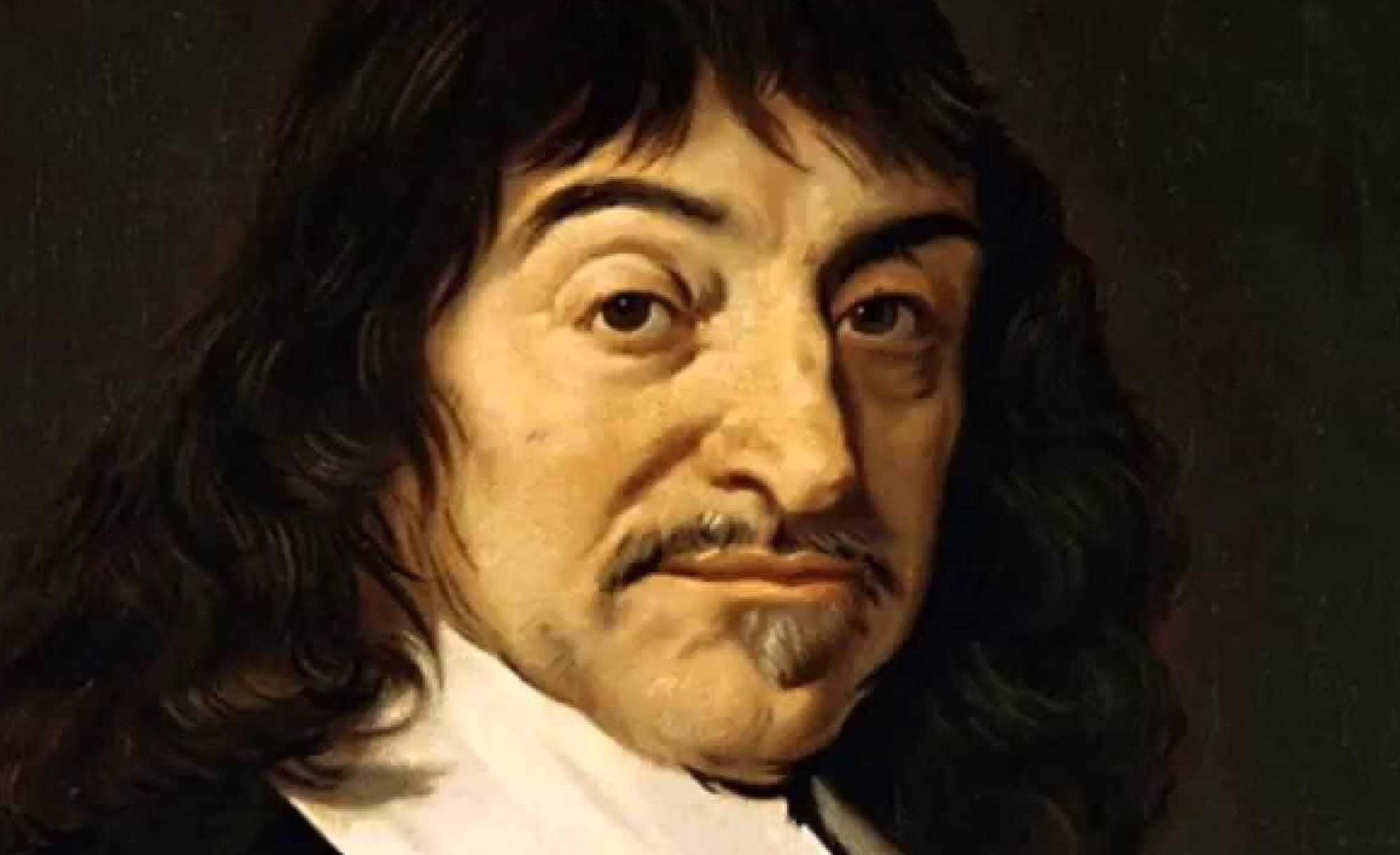 Painted portrait of Rene Descartes on black background.