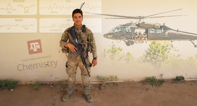 Evan Fox in military uniform standing in front of a wall with chemistry molecular structures and "Texas A&amp;M University Chemistry" logo, with a helicopter flying in the background.