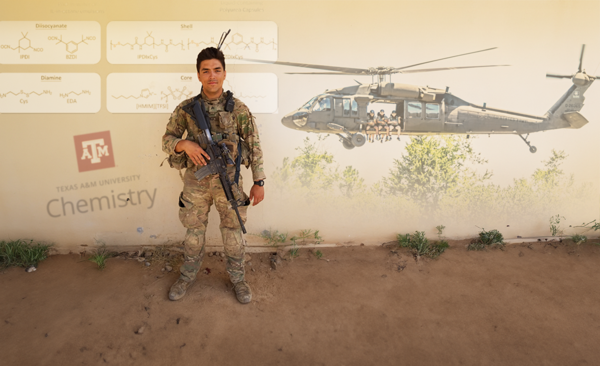 Evan Fox in military uniform standing in front of a wall with chemistry molecular structures and "Texas A&M University Chemistry" logo, with a helicopter flying in the background.