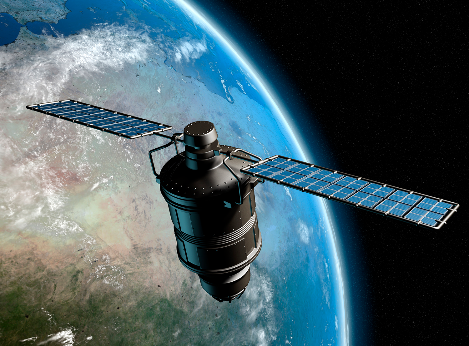 A satellite with extended solar panels orbits Earth, capturing a view of our planet's vibrant surface, including landmasses and bodies of water, set against the backdrop of space.