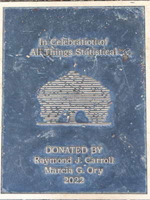 A commemorative plaque titled "In Celebration of All Things Statistical," featuring a statistical graph shaped like a dome. The plaque acknowledges donations from Raymond J. Carroll and Marcia G. Ory, dated 2022.