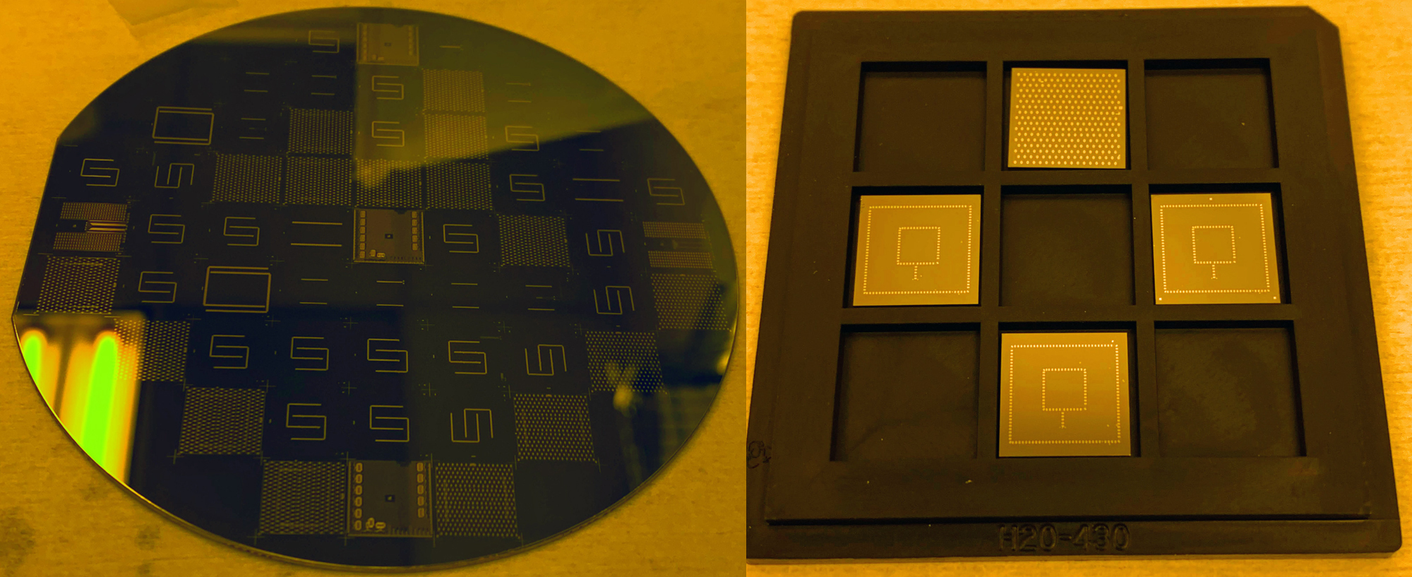 Composite close-up image featuring a circular silicon wafer etched with dozens of sensors on the left side, along with a black square segmented into nine smaller square components, four of which contain individual silicon chips, on the right side.