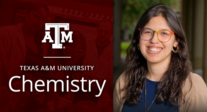 Portrait of a smiling Dr. Samantha Yruegas with glasses, standing in front of a blurred background on the right. On the left, there's a graphic with the Texas A&M University Chemistry logo on a maroon background.