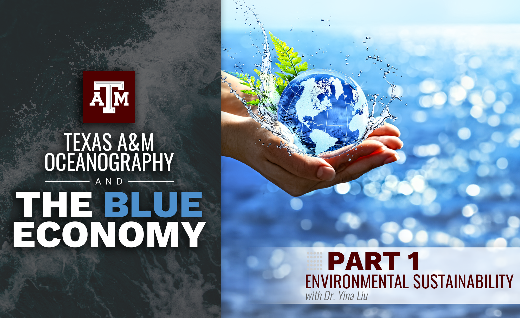 Promotional image for Texas A&M Oceanography and The Blue Economy, Part 1: Environmental Sustainability with Dr. Vina Liu. Features a person holding a transparent globe with water and continents, symbolizing environmental care, over a backdrop of sparkling ocean water.